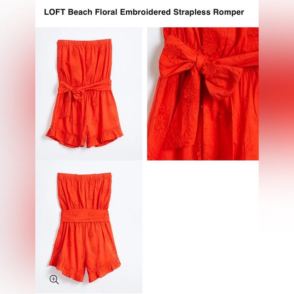 Loft beach line embroidered romper shorts strapless orange red NWT - Picture 3 of 8